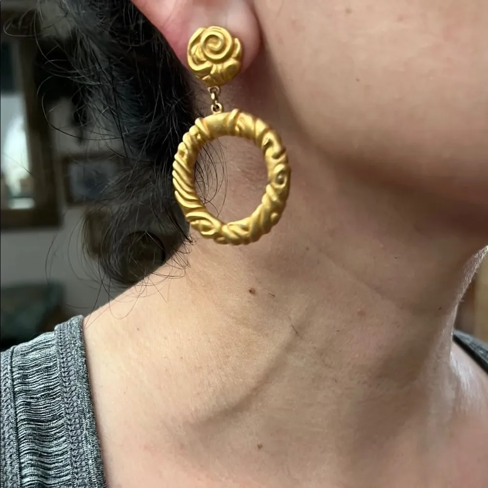 Gold Textured Hoop Earrings with Rosette Studs